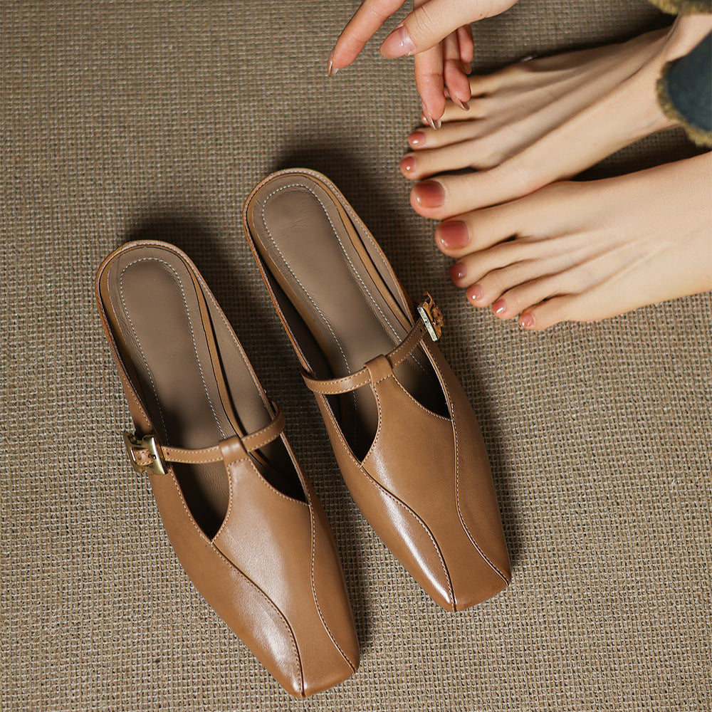 Velora — Genuine Leather T-Strap Mules with Cushioned Heel