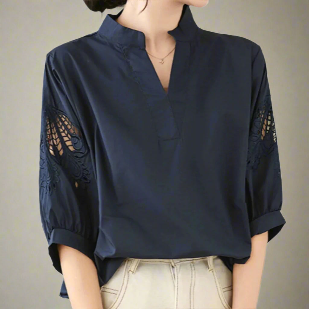Celinora — Soft Linen Blend Floral Sleeve Top with V-Notch Neckline