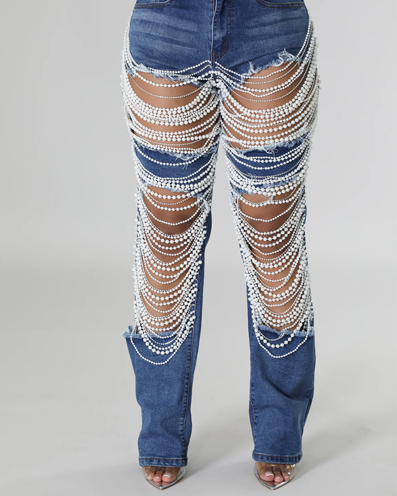 Norla — High-Waisted Pearl Embellished Stretch Jeans with Destroyed Finish