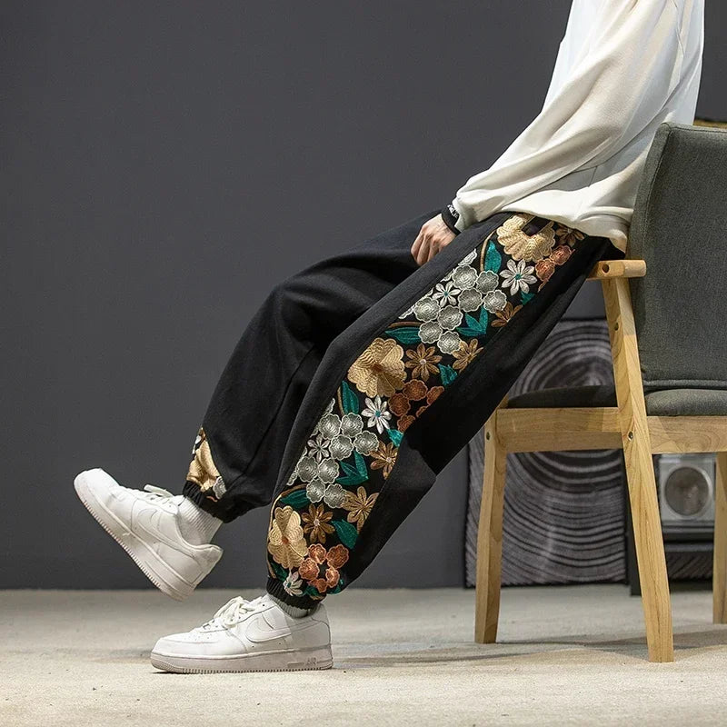Arlenia — Vintage Cotton Pants with Floral Embroidery and Pockets