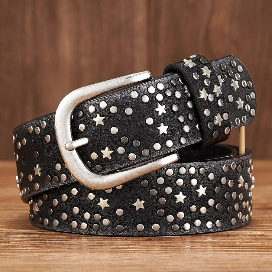 Liora — Genuine Leather Studded Belt with Star Accents