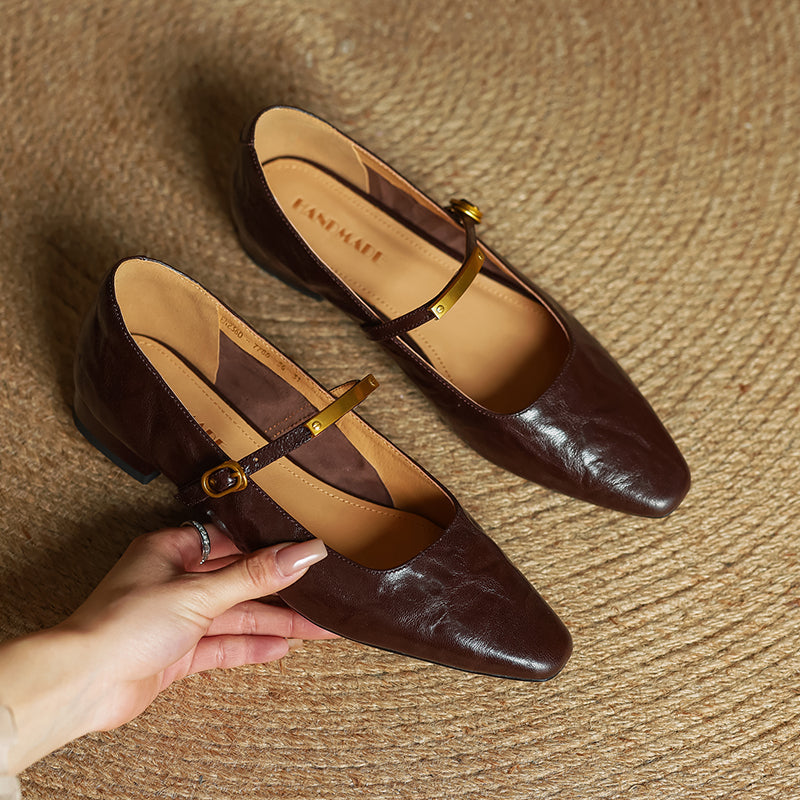Ellara — Genuine Leather Mary Jane Pumps with Metal-Bit Strap