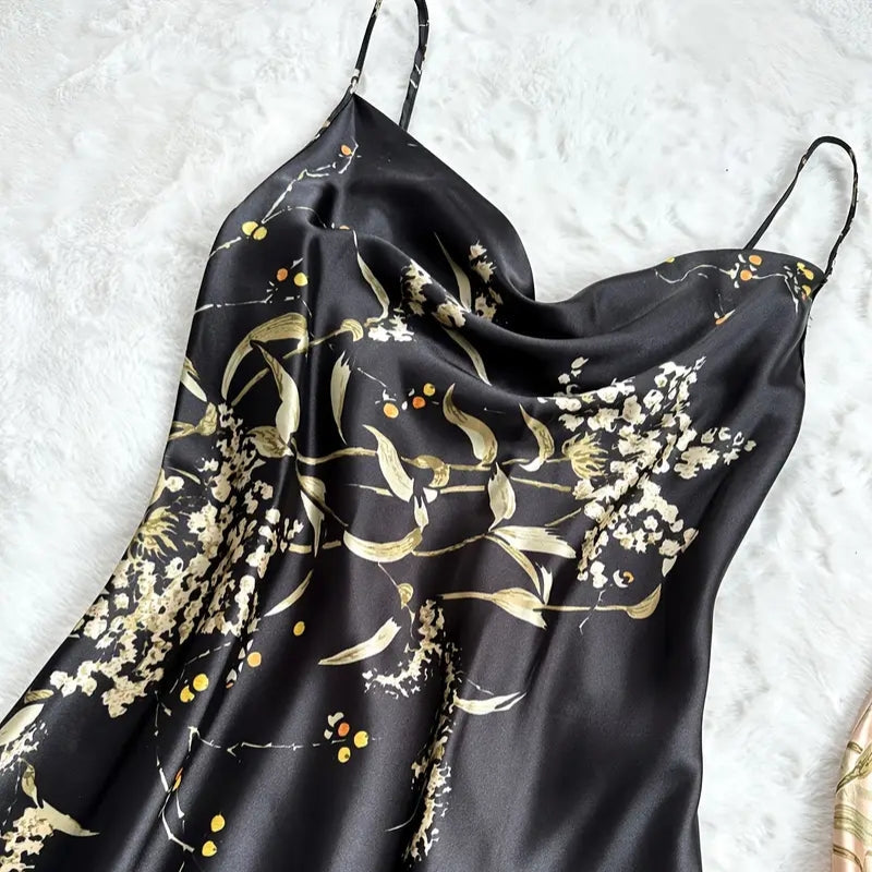 Laydena Satin Nightdress — Botanical Print Sleepwear with Adjustable Straps