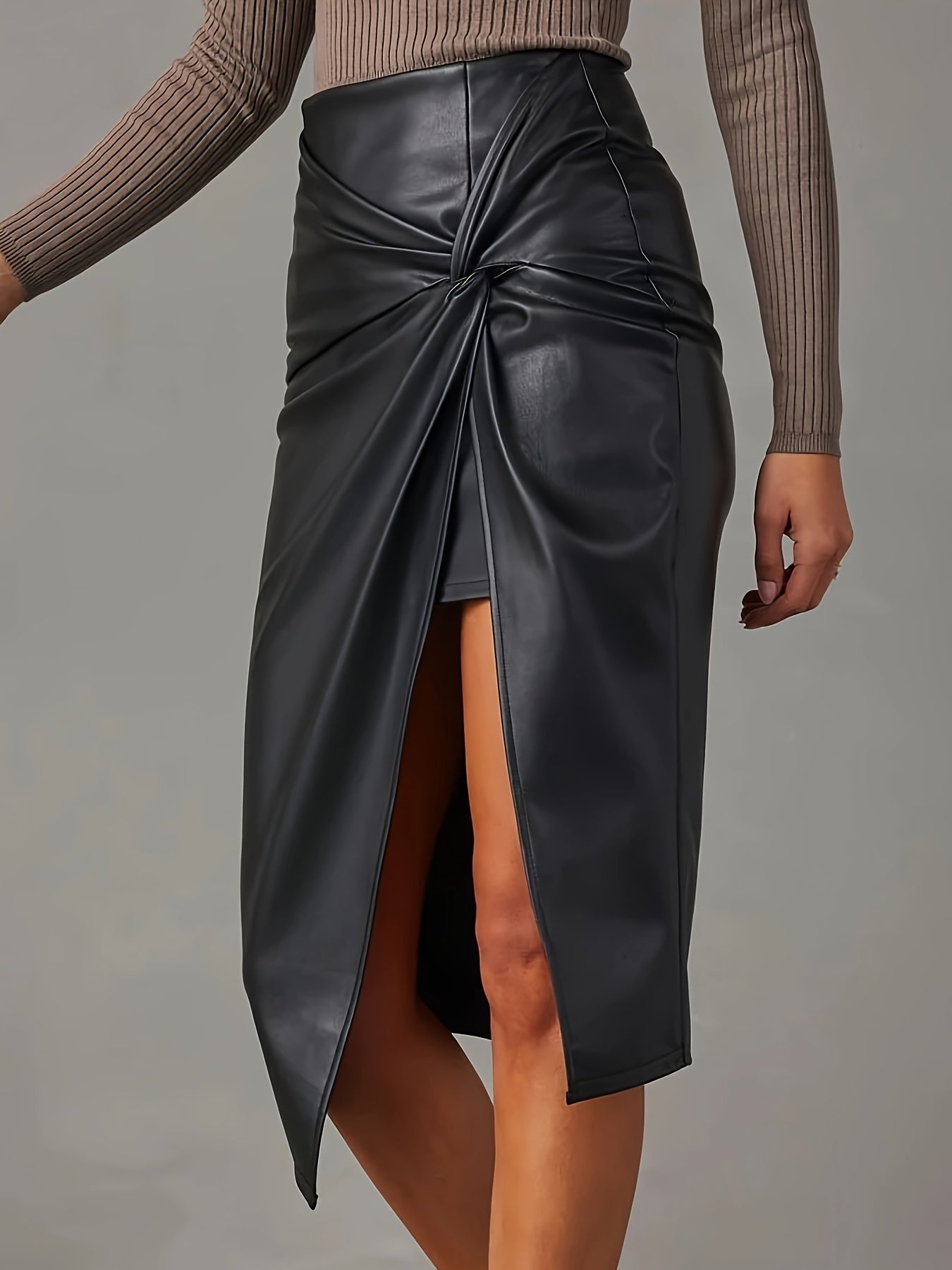 Marinelle — Vegan Leather Midi Skirt with Asymmetric Slit