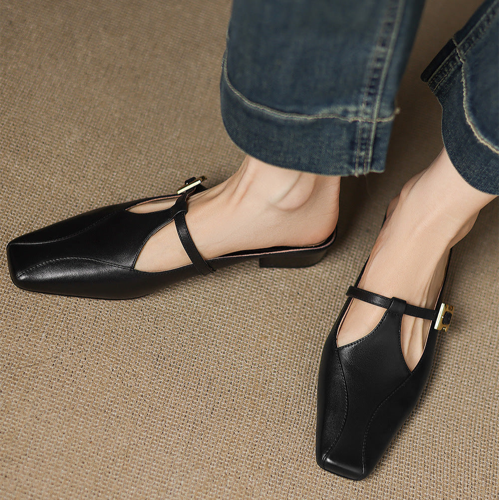 Velora — Genuine Leather T-Strap Mules with Cushioned Heel