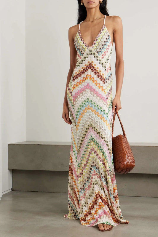 Amara — Handcrafted Crochet Maxi Dress with Chevron Pattern