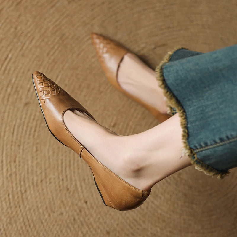 Emara Woven Leather Pumps — Genuine Leather Pointed Toe with Comfortable Wedge Heel