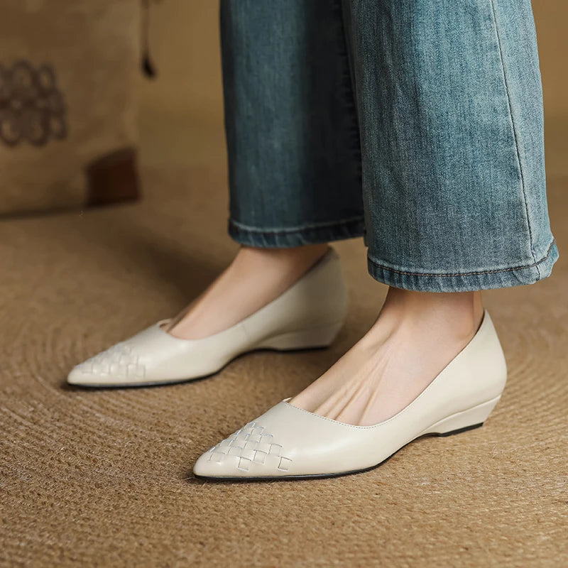 Emara Woven Leather Pumps — Genuine Leather Pointed Toe with Comfortable Wedge Heel