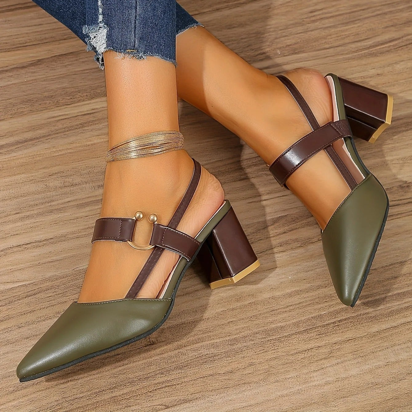 Elara Slingback Heels — Double Strap Pointed Toe Block Heel with Gold Detail