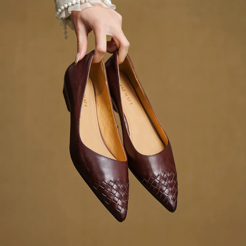 Emara Woven Leather Pumps — Genuine Leather Pointed Toe with Comfortable Wedge Heel