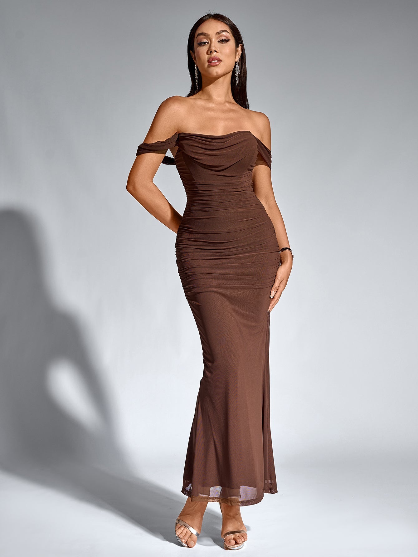 Vexira Off Shoulder Ruched Zipper Back Bodycon Dress
