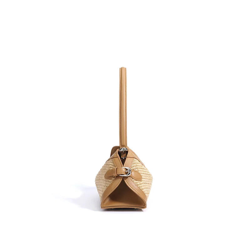 Lena — Handwoven Raffia and Leather Handbag with Turn Clasp Lock