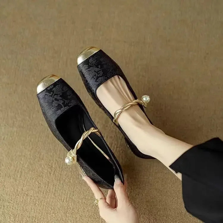 Aloria Silk Pumps — Vintage Style with Pearl Strap and Low Heel