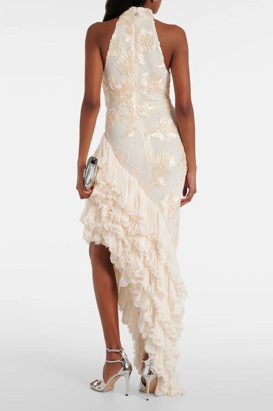 Liora — Floral Appliqué Maxi Dress with Sheer Layers