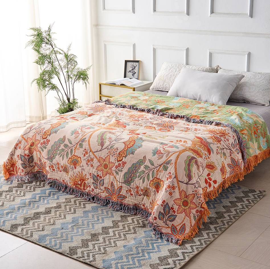 Liora — Boho Floral Cotton Throw Blanket with Textured Fringe