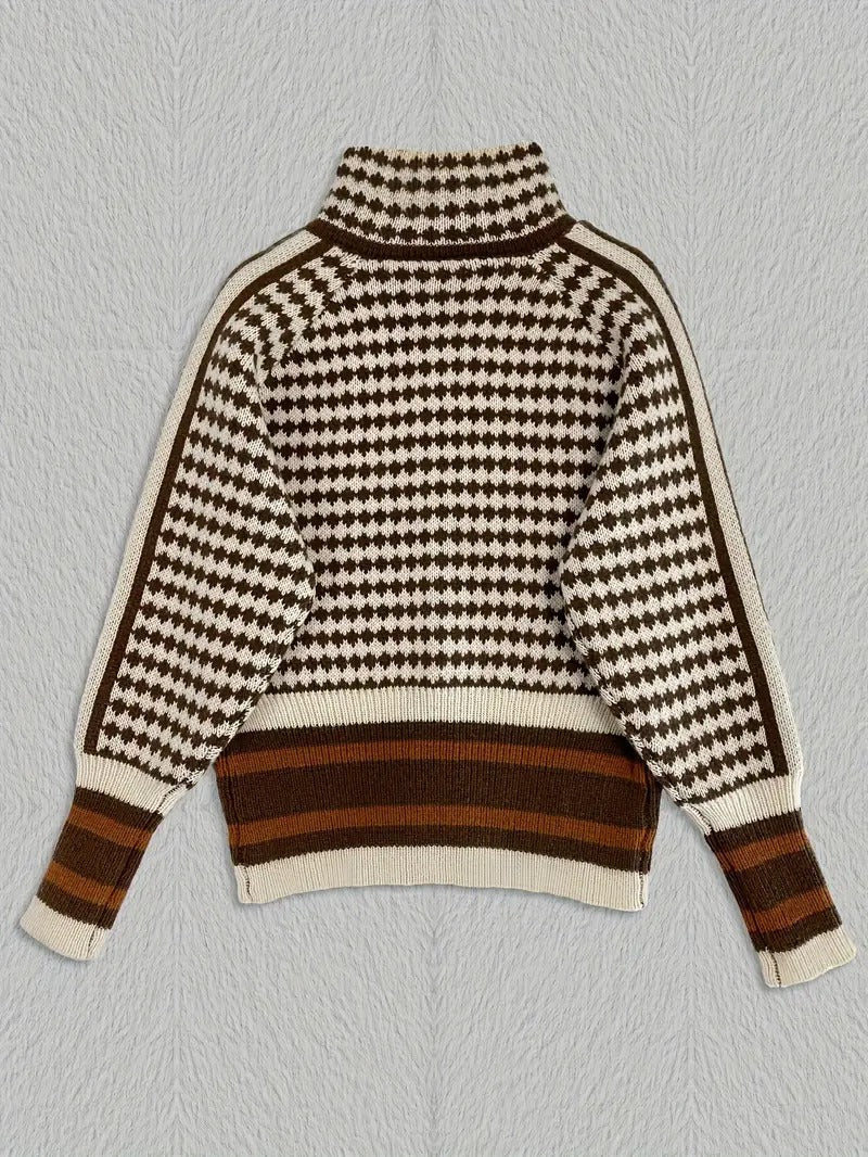 Zevran — Houndstooth Knit Sweater with Full Zip and High Collar