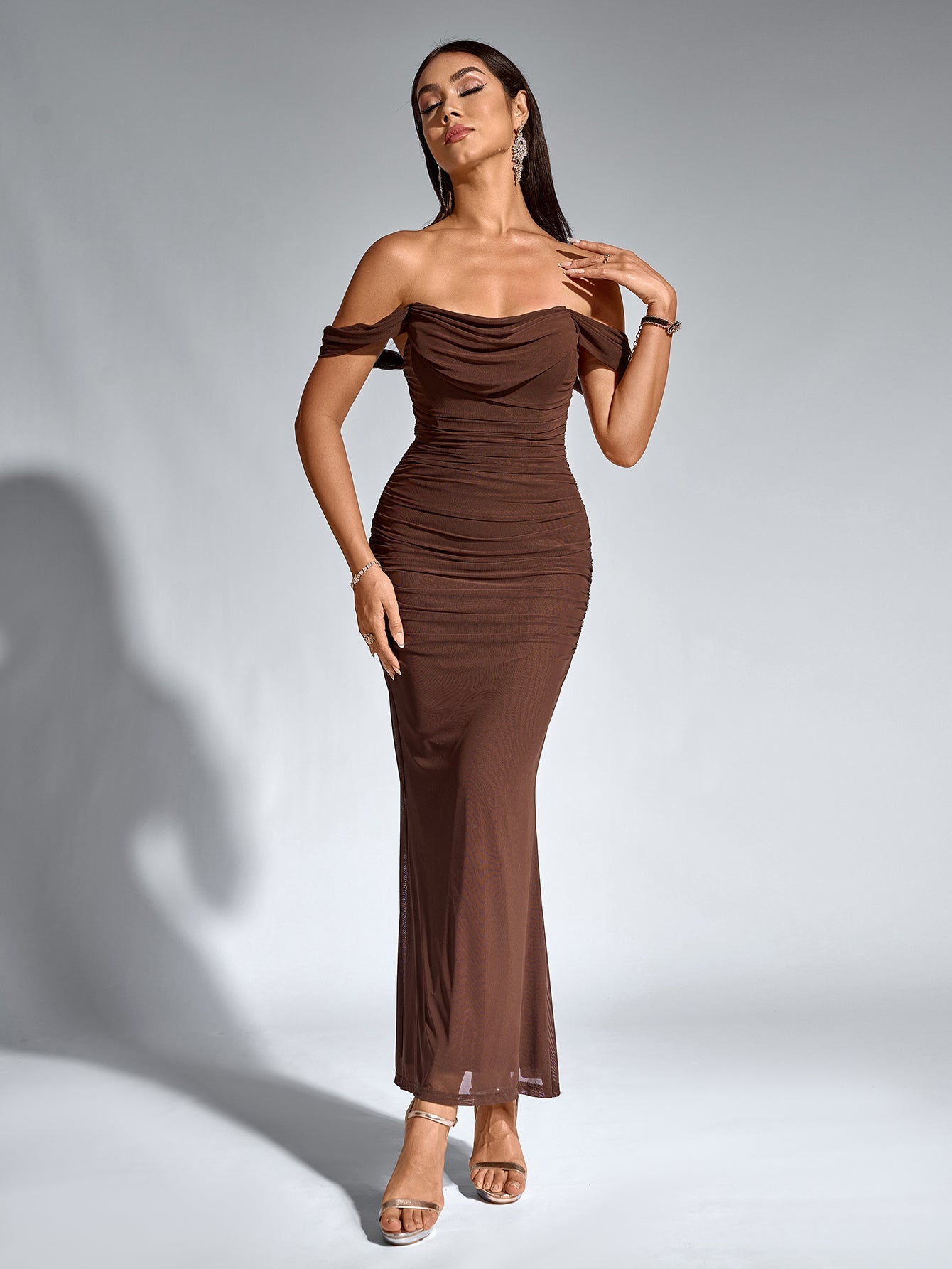 Vexira Off Shoulder Ruched Zipper Back Bodycon Dress