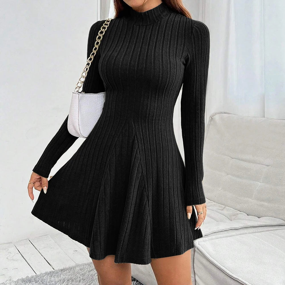 Lioren — Ribbed Mock Neck Dress with Flared Hem and Stretch Fit