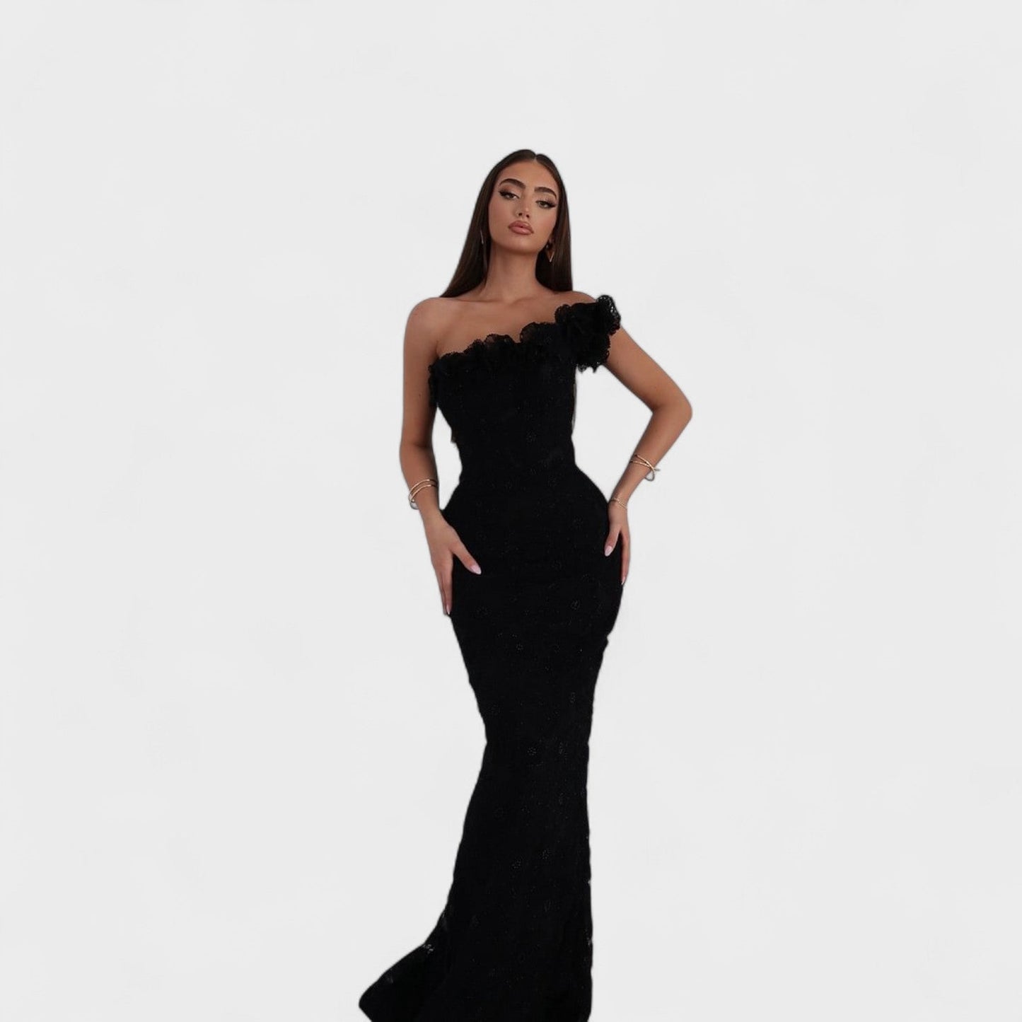 Elara — Black One-Shoulder Evening Gown with Embossed Floral Lace