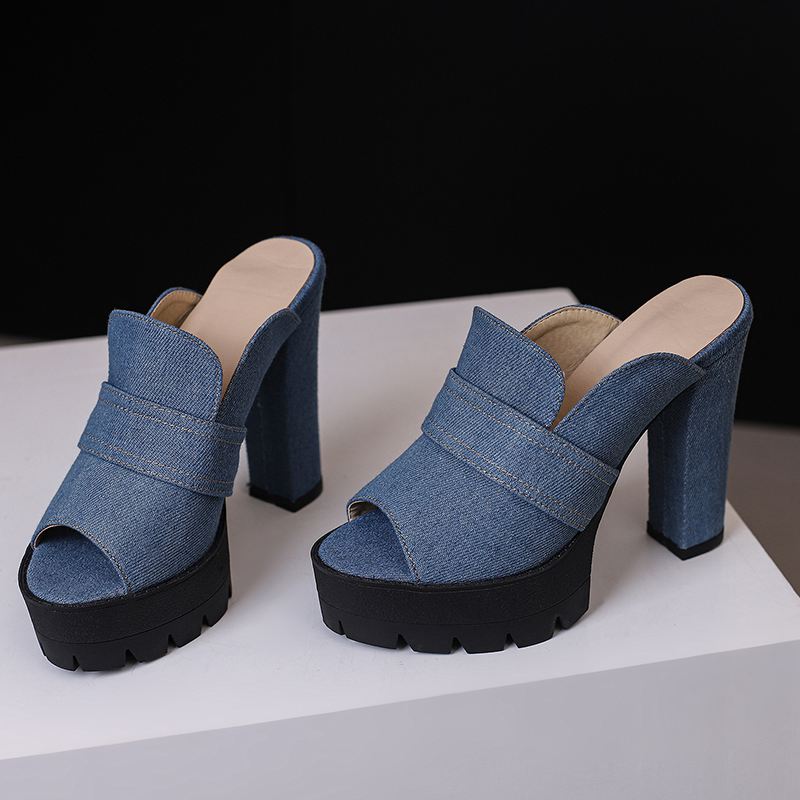 Norla Chunky Heel Denim Sandals — Raw Denim Open-Toe Comfort Heels