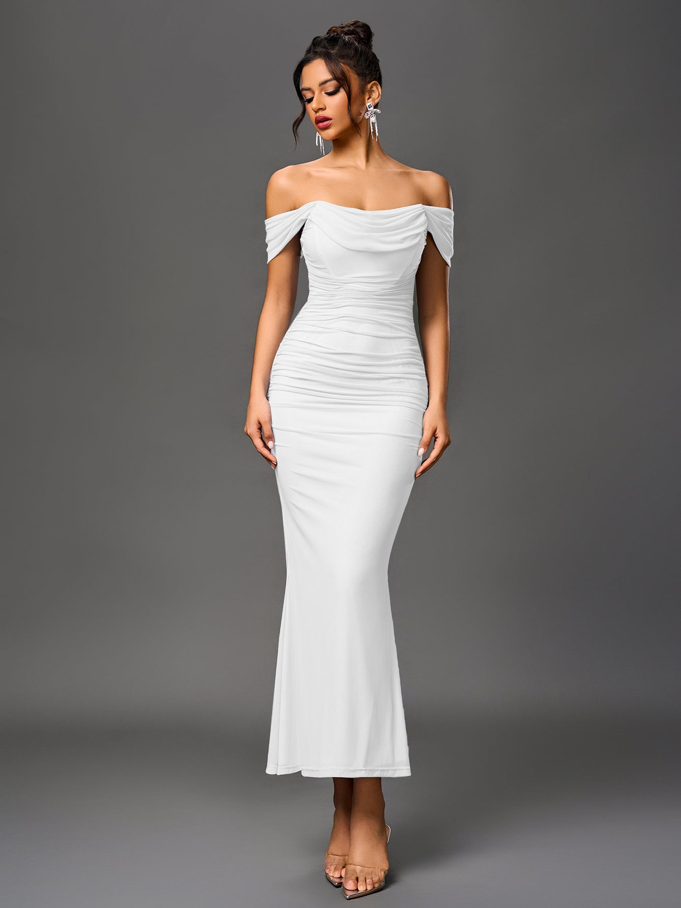Vexira Off Shoulder Ruched Zipper Back Bodycon Dress