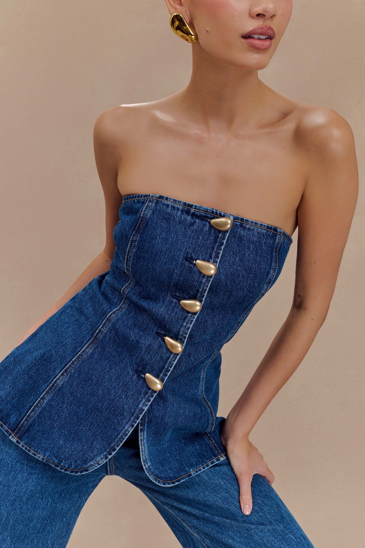 Veltrix Strapless Long Line Button Top - Dark Blue