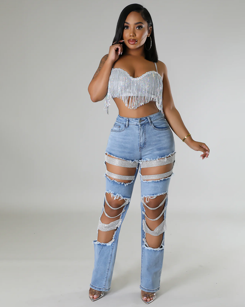 Norla — High-Waisted Pearl Embellished Stretch Jeans with Destroyed Finish