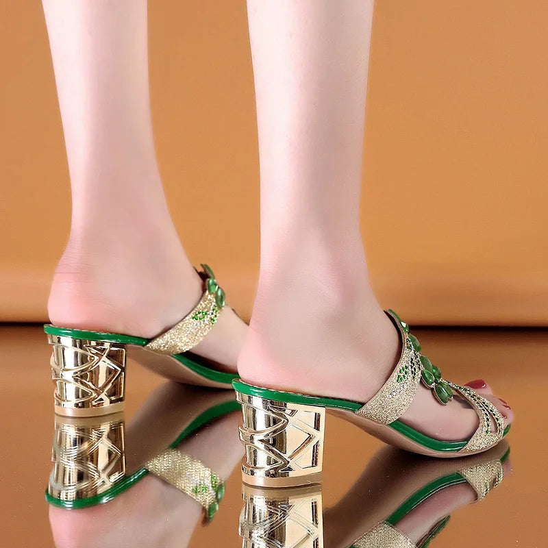 Liora — Rhinestone Crisscross Strap Heeled Sandals with Metallic Block Heel