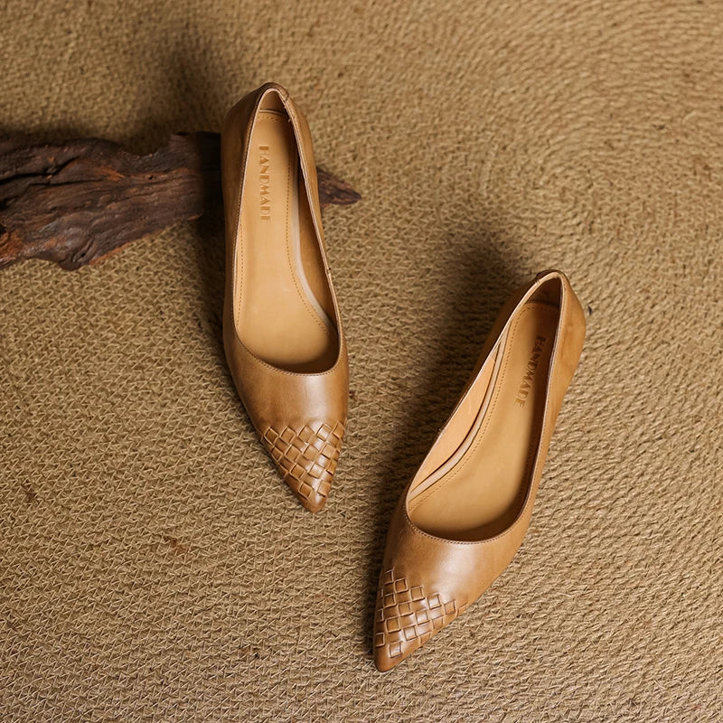 Emara Woven Leather Pumps — Genuine Leather Pointed Toe with Comfortable Wedge Heel
