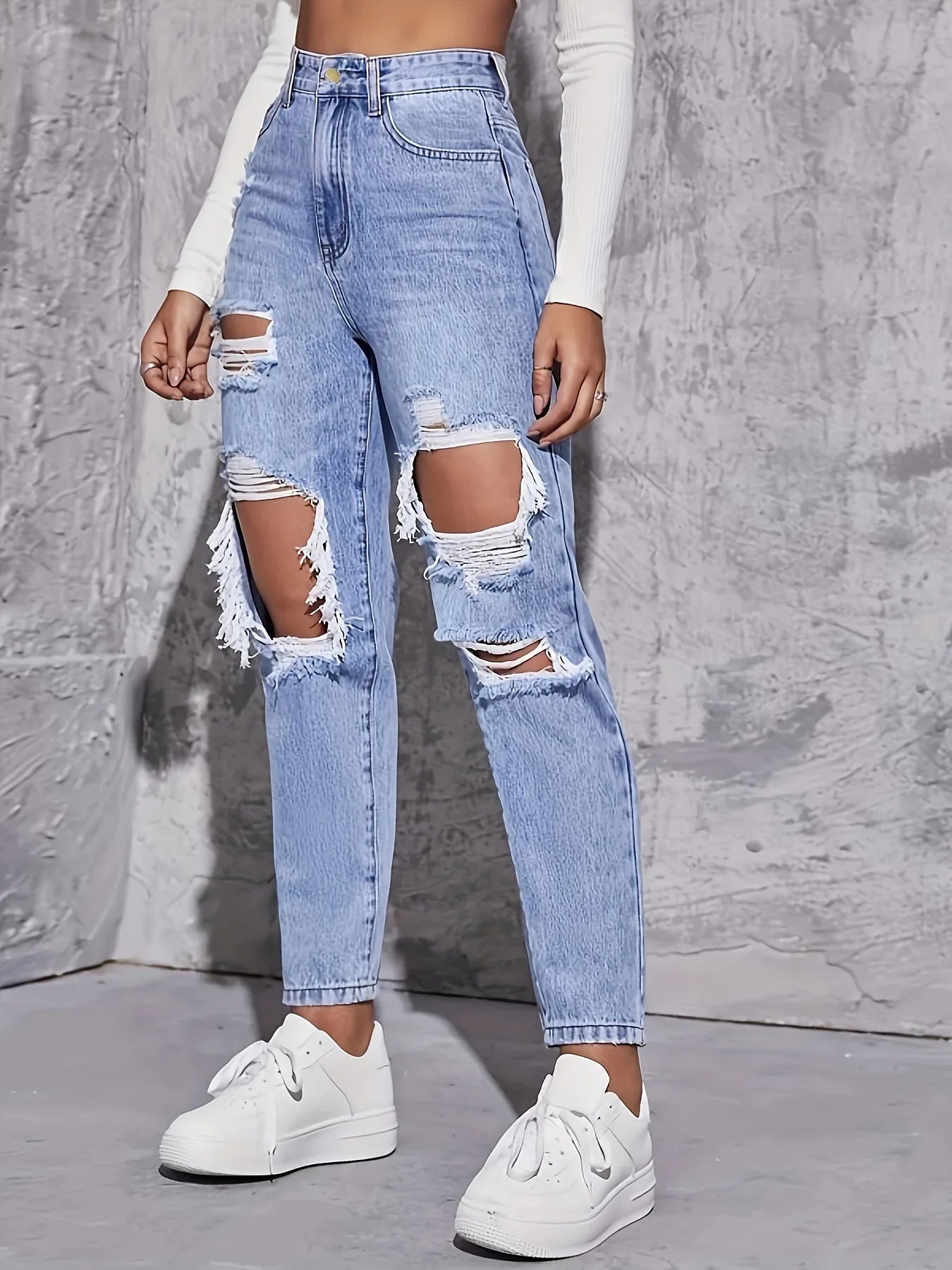 Maren Distress — High-Rise Straight Leg Denim Jeans