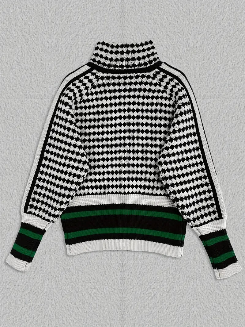Zevran — Houndstooth Knit Sweater with Full Zip and High Collar