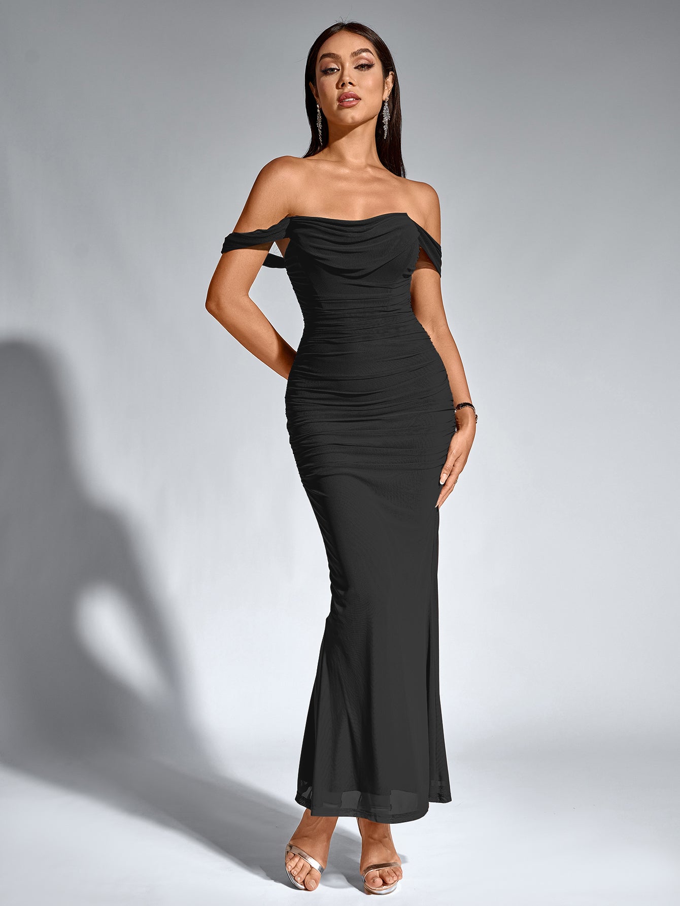 Vexira Off Shoulder Ruched Zipper Back Bodycon Dress