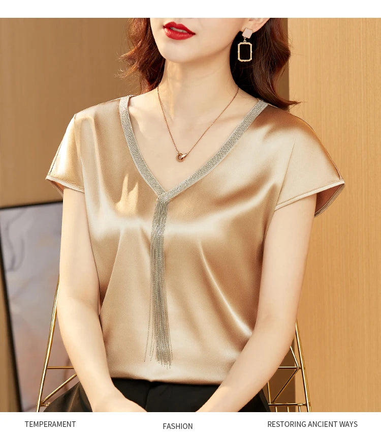 Celestea — Satin Blend V-Neck Dress with Fringe Detail