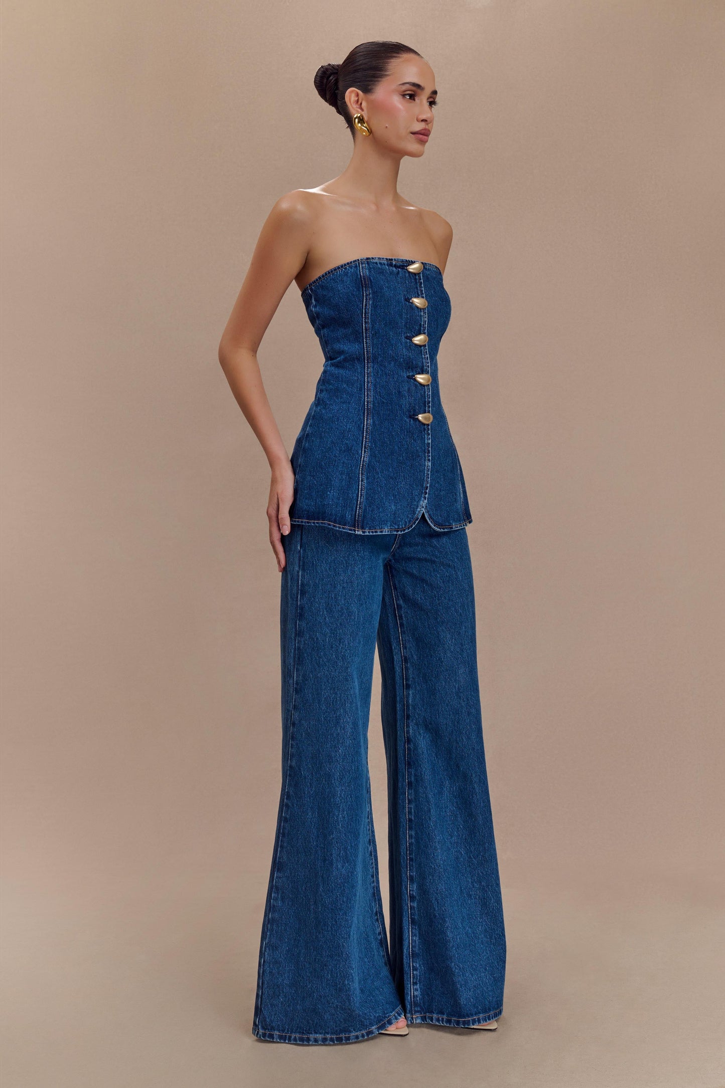 Veltrix Strapless Long Line Button Top - Dark Blue