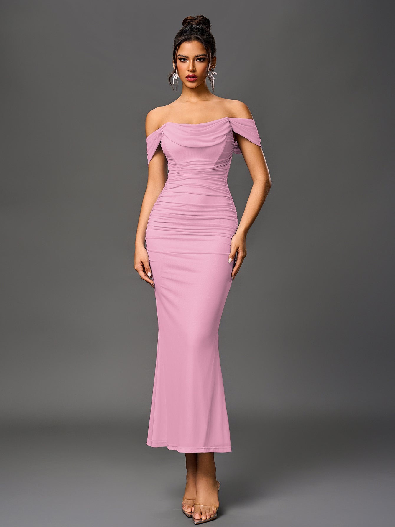 Vexira Off Shoulder Ruched Zipper Back Bodycon Dress