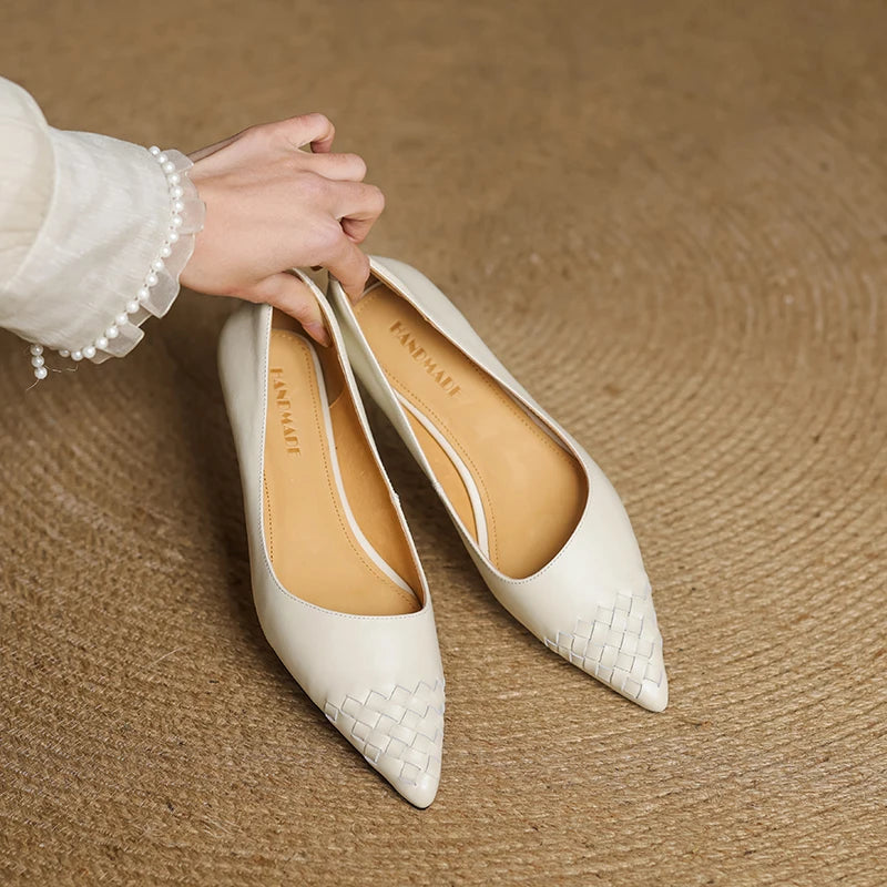 Emara Woven Leather Pumps — Genuine Leather Pointed Toe with Comfortable Wedge Heel