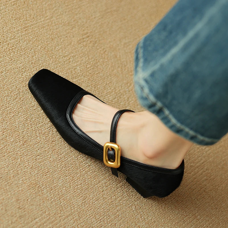 Embera — Genuine Horsehair Square-Toe Pumps with Low Block Heel