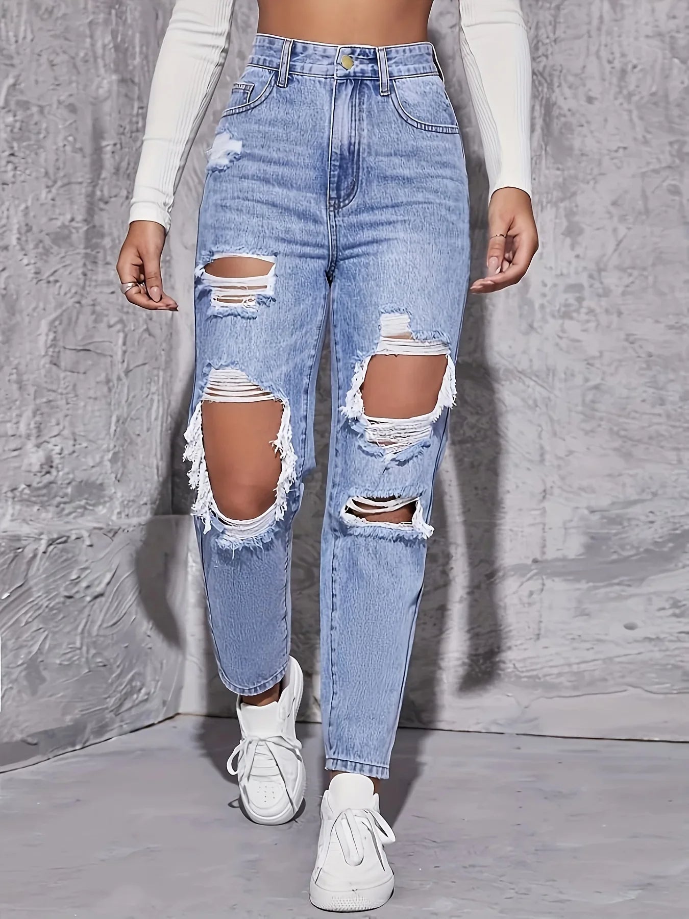 Maren Distress — High-Rise Straight Leg Denim Jeans