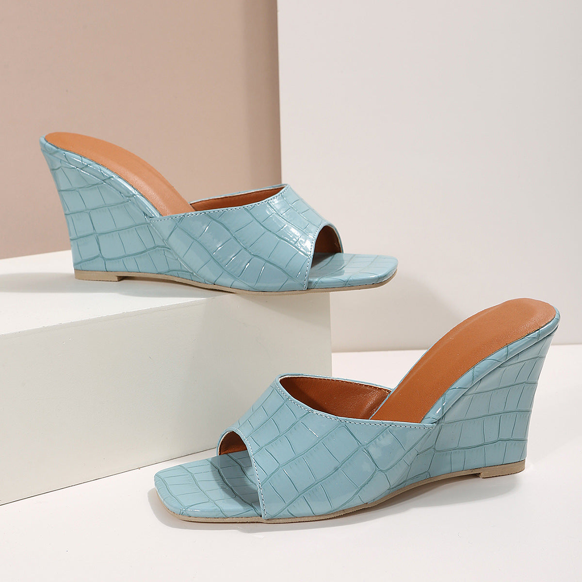 Liora — Croc-Embossed Wedge Mules with Open Square Toe