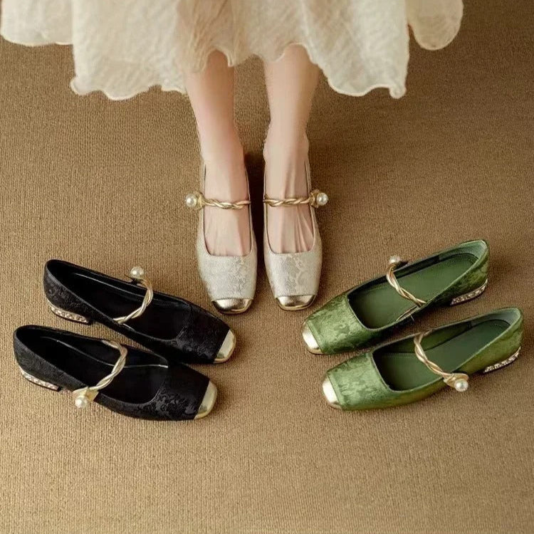 Aloria Silk Pumps — Vintage Style with Pearl Strap and Low Heel