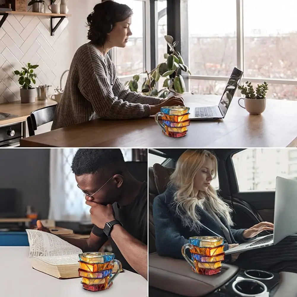Aleron — 3D Acrylic Book Stack Coffee Mug with Stained-Glass Design
