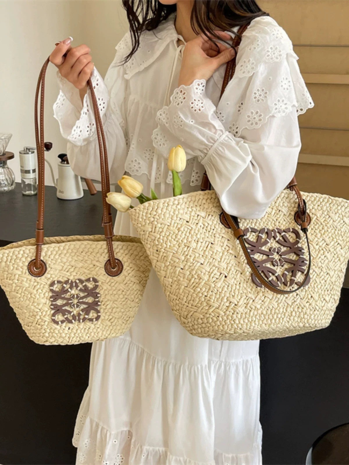 Liora — Handcrafted Straw Beach Bag with Adjustable Faux Leather Handles