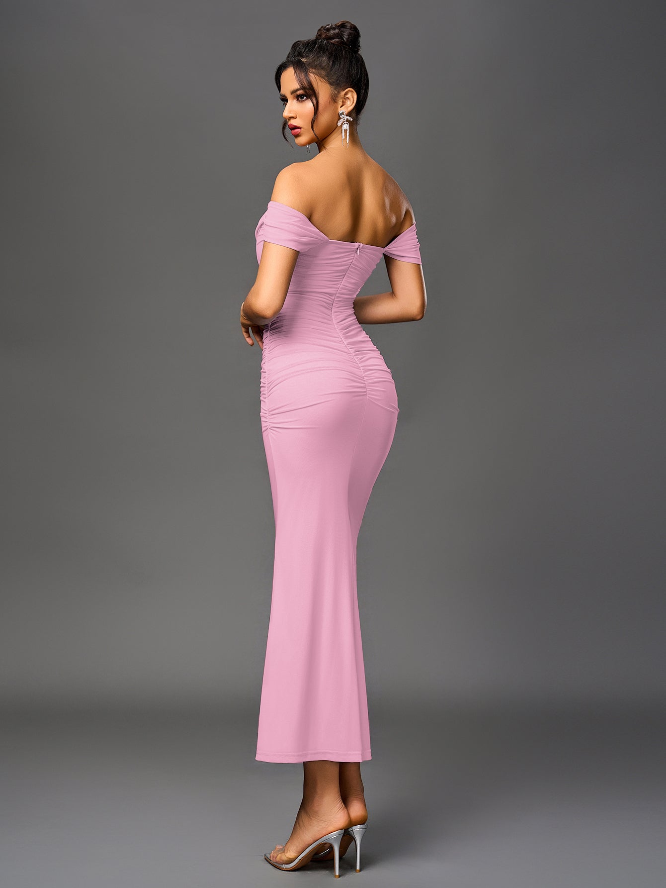 Vexira Off Shoulder Ruched Zipper Back Bodycon Dress