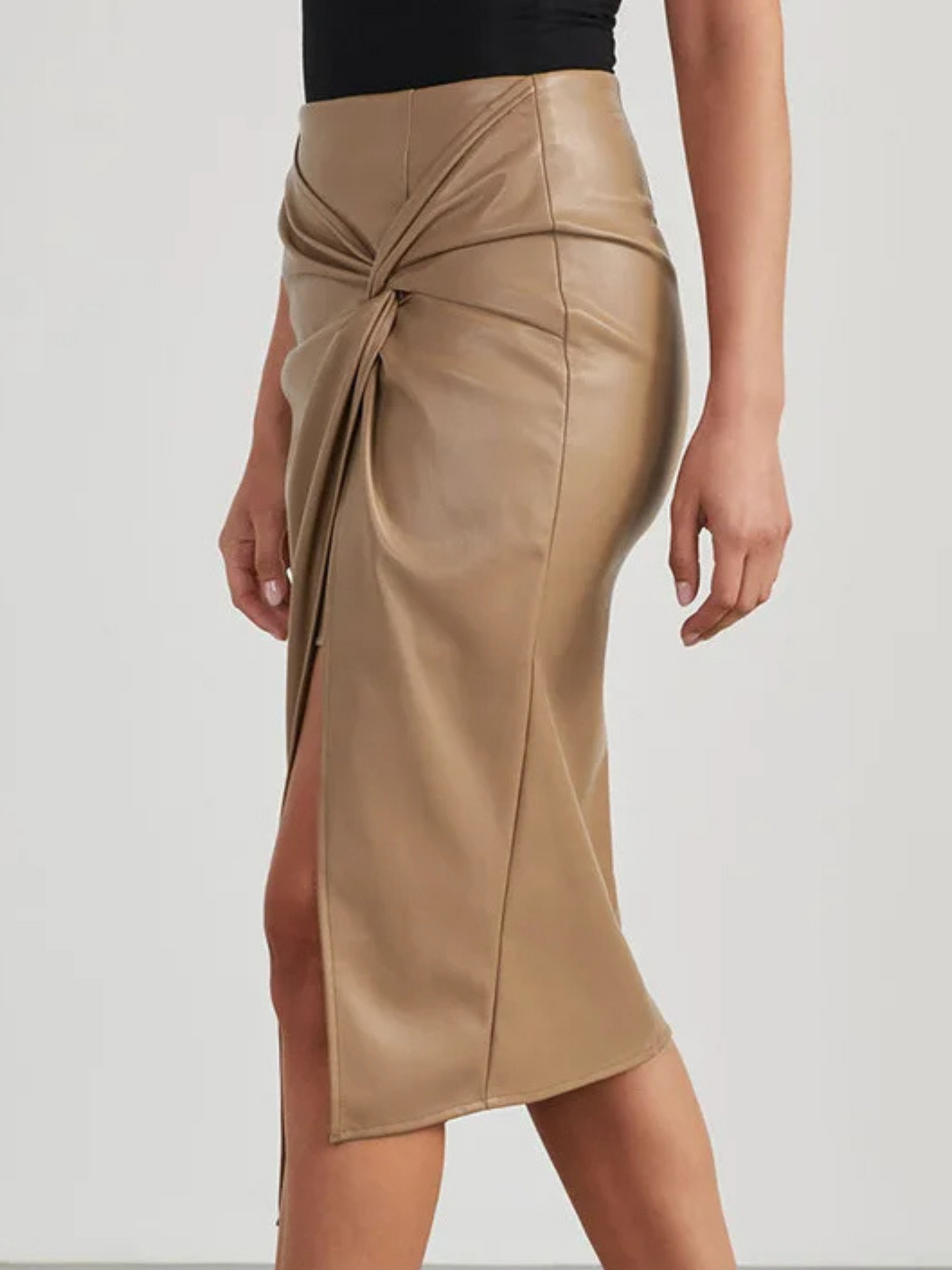 Marinelle — Vegan Leather Midi Skirt with Asymmetric Slit