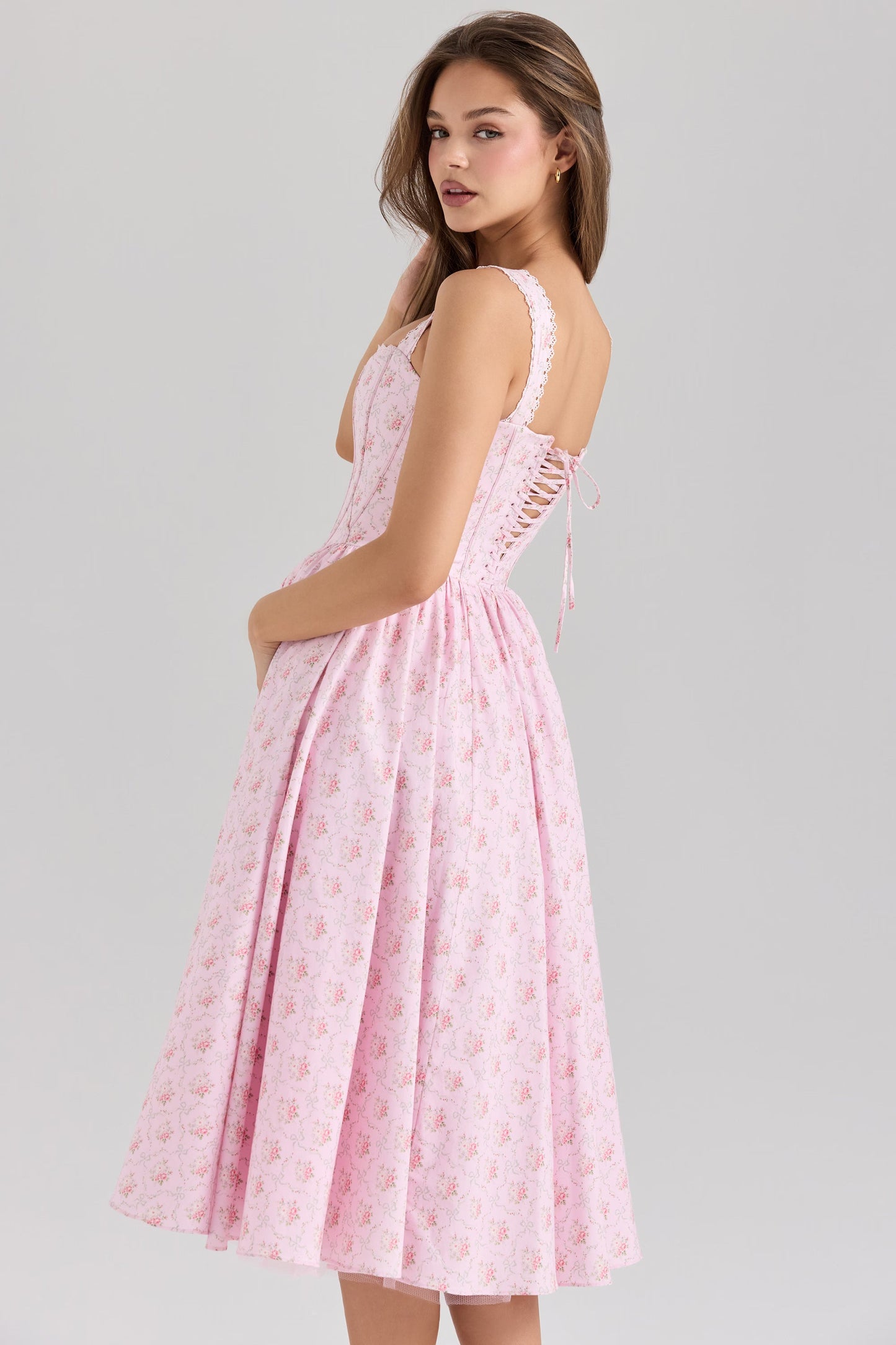 Elara Rose Dress — Pink Floral Midi Dress with Corset and Tulle Skirt