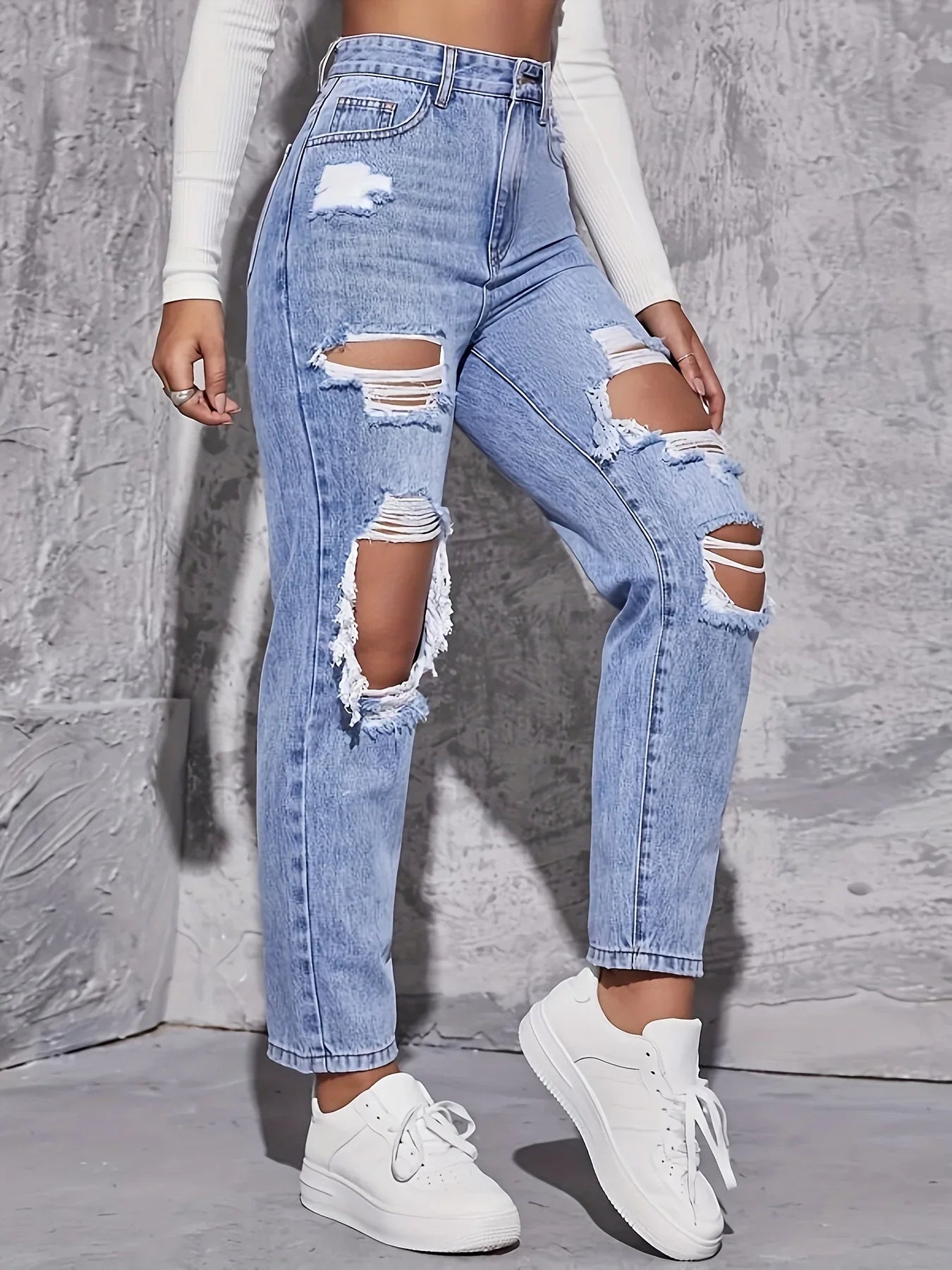Maren Distress — High-Rise Straight Leg Denim Jeans