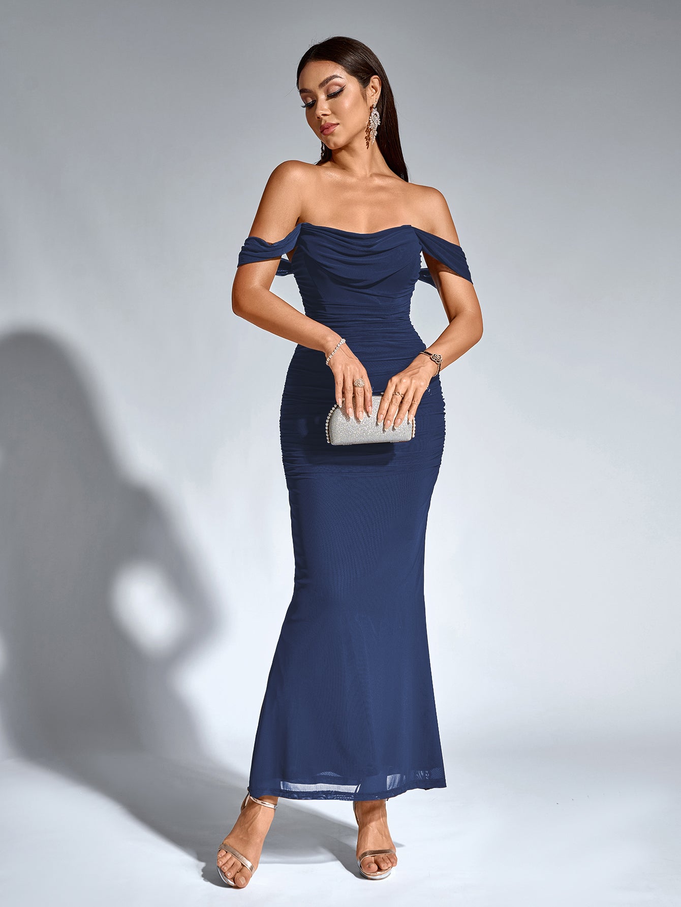 Vexira Off Shoulder Ruched Zipper Back Bodycon Dress