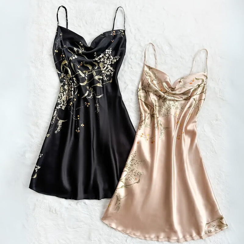 Laydena Satin Nightdress — Botanical Print Sleepwear with Adjustable Straps