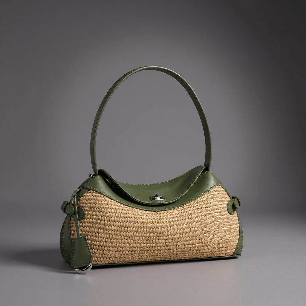 Lena — Handwoven Raffia and Leather Handbag with Turn Clasp Lock
