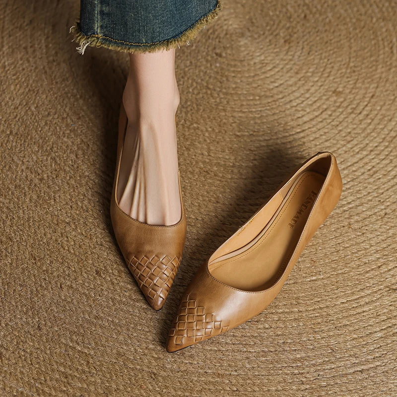 Emara Woven Leather Pumps — Genuine Leather Pointed Toe with Comfortable Wedge Heel
